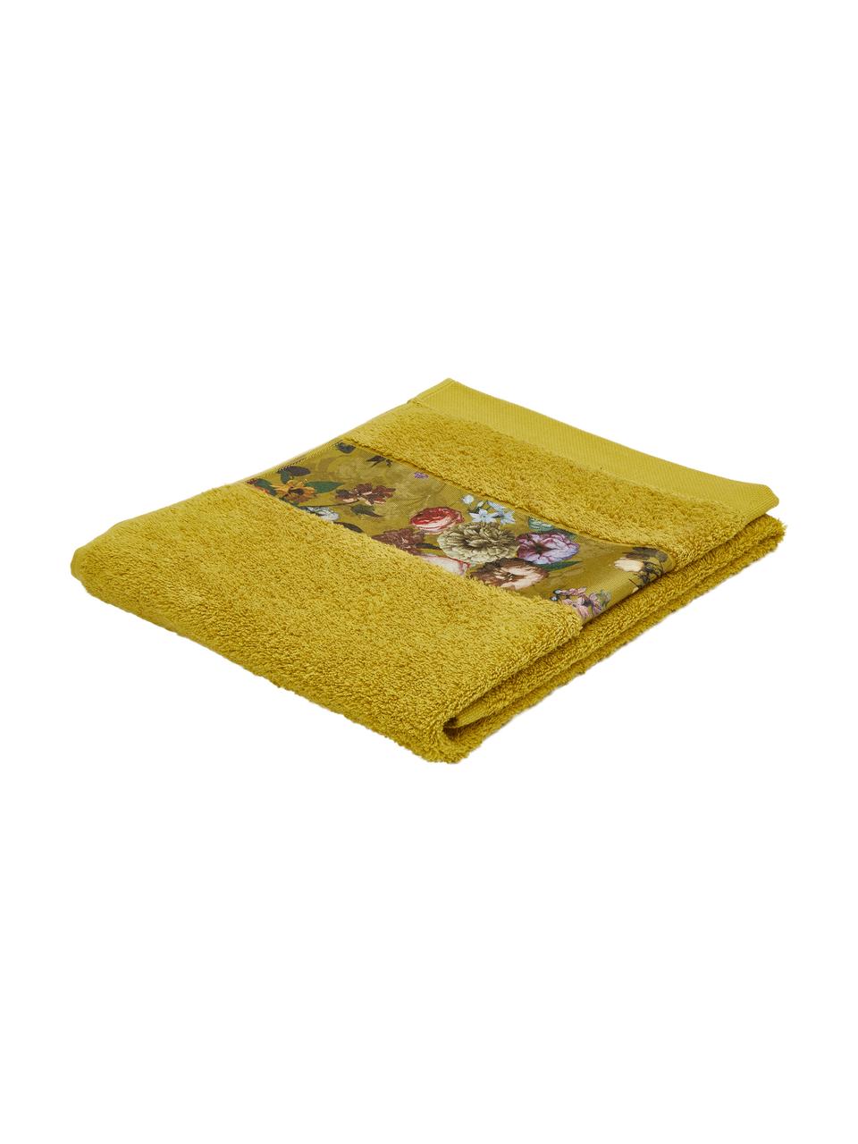 Serviette de toilette jaune moutarde Fleur, 97 % coton, 3 % polyester, Jaune moutarde, multicolore, Serviette de toilette, larg. 60 x long. 100 cm