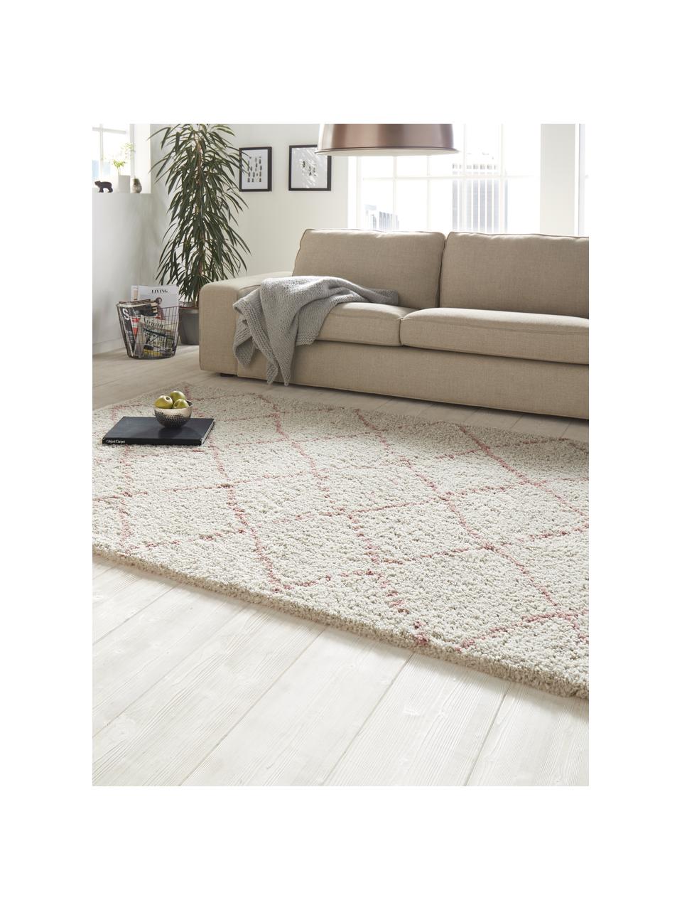 Flauschiger Hochflor-Teppich Hash in Rosa/Creme, Flor: 100% Polypropylen, Cremefarben, Rosa, B 80 x L 150 cm (Grösse XS)