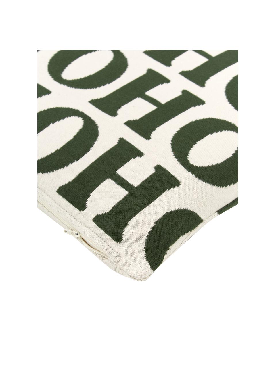 Pletený povlak na polštář Ho ho ho, 100% bavlna, Krémová, tmavě zelená, Š 45 cm, D 45 cm