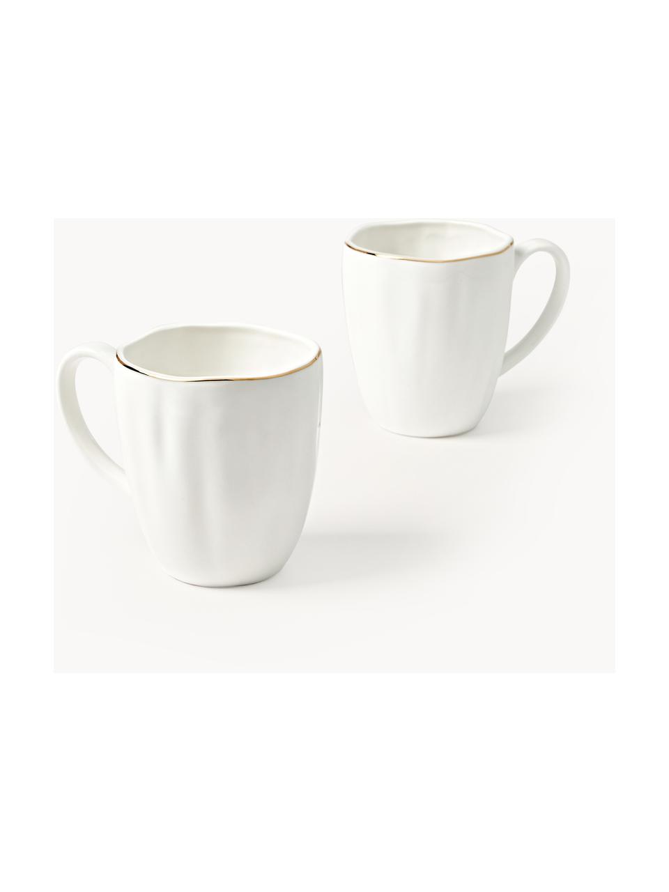 Tazas con relieves Sali, 2 uds., Porcelana esmaltado, Blanco con borde dorado, Ø 9 x Al 10 cm, 350 ml