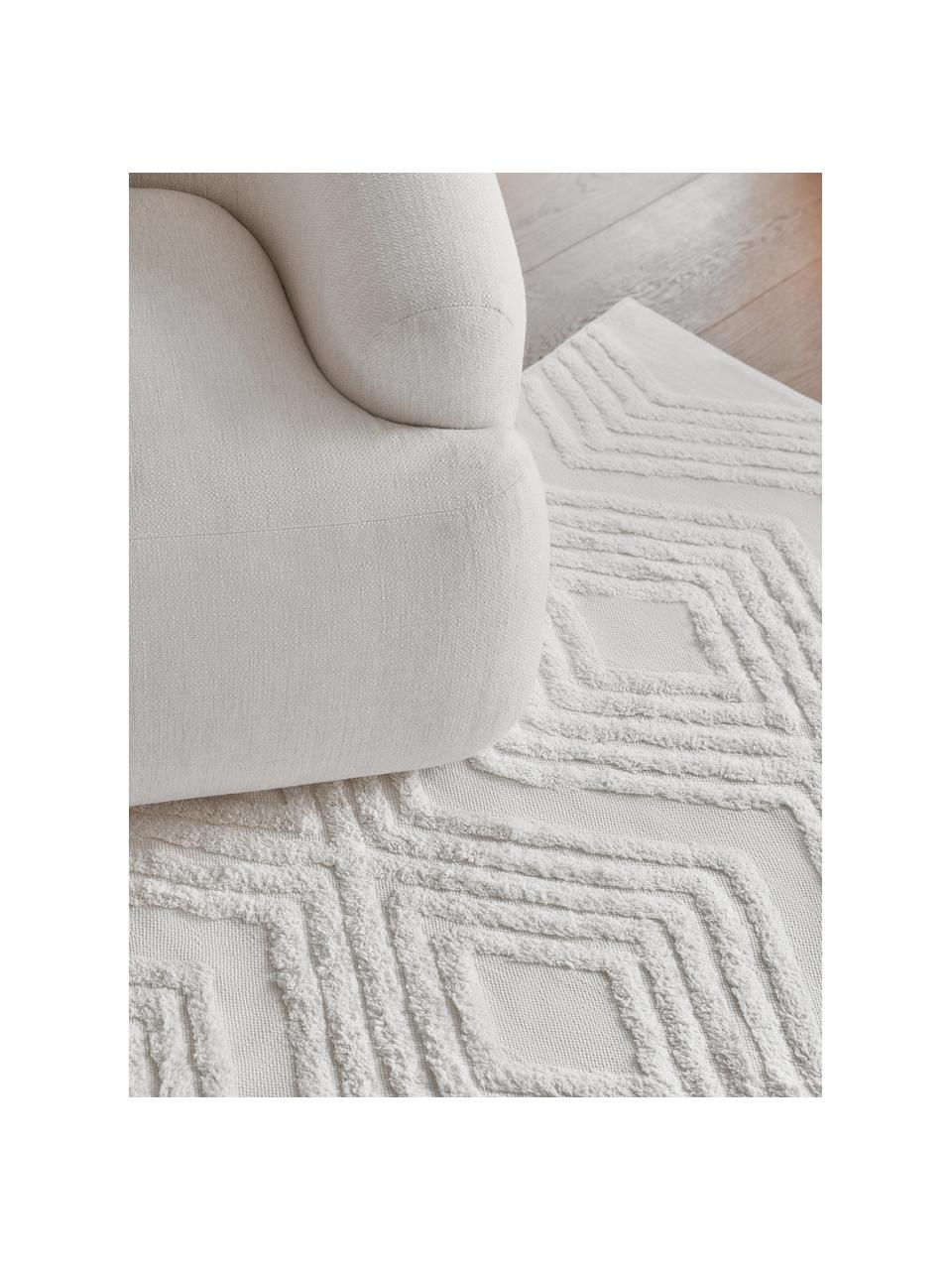 Handgeweven katoenen vloerkleed Ziggy met verhoogd hoog-laag patroon, 100% katoen, Crèmewit, B 80 x L 150 cm (maat XS)