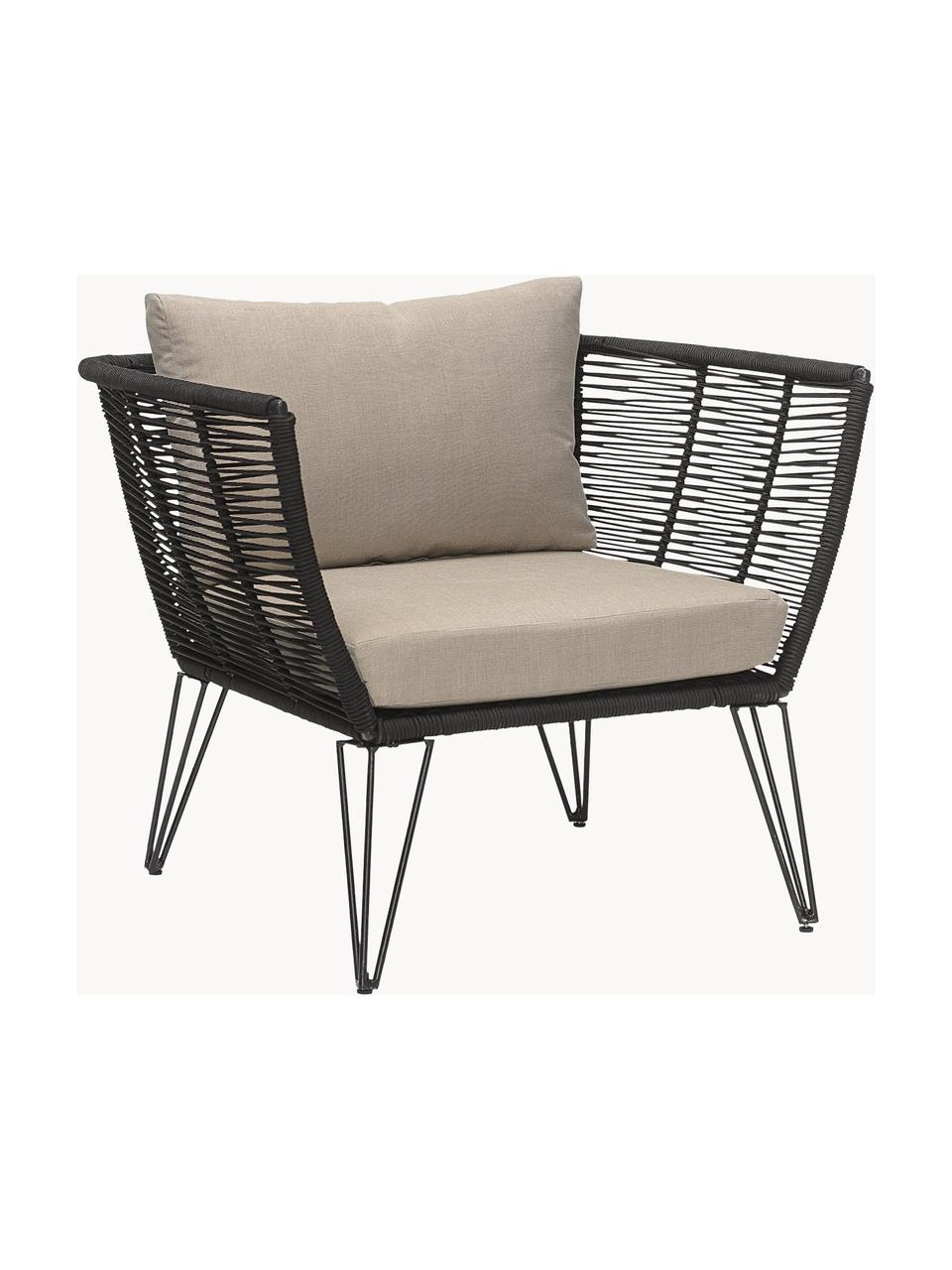 Fauteuil lounge de jardin plastique tressé Mundo, Tissu beige clair, socle noir, larg. 87 x prof. 74 cm