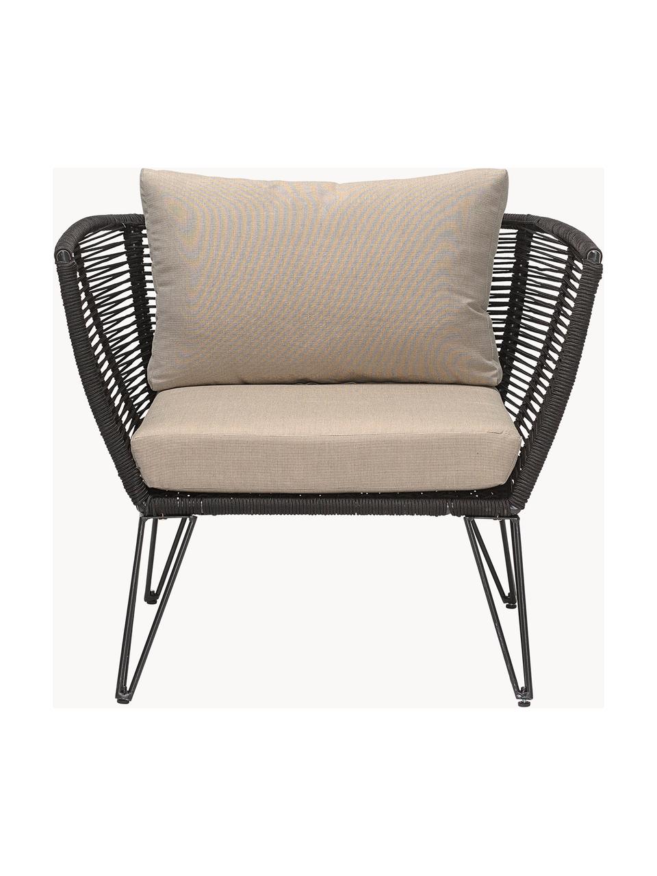 Fauteuil lounge de jardin plastique tressé Mundo, Tissu beige clair, socle noir, larg. 87 x prof. 74 cm