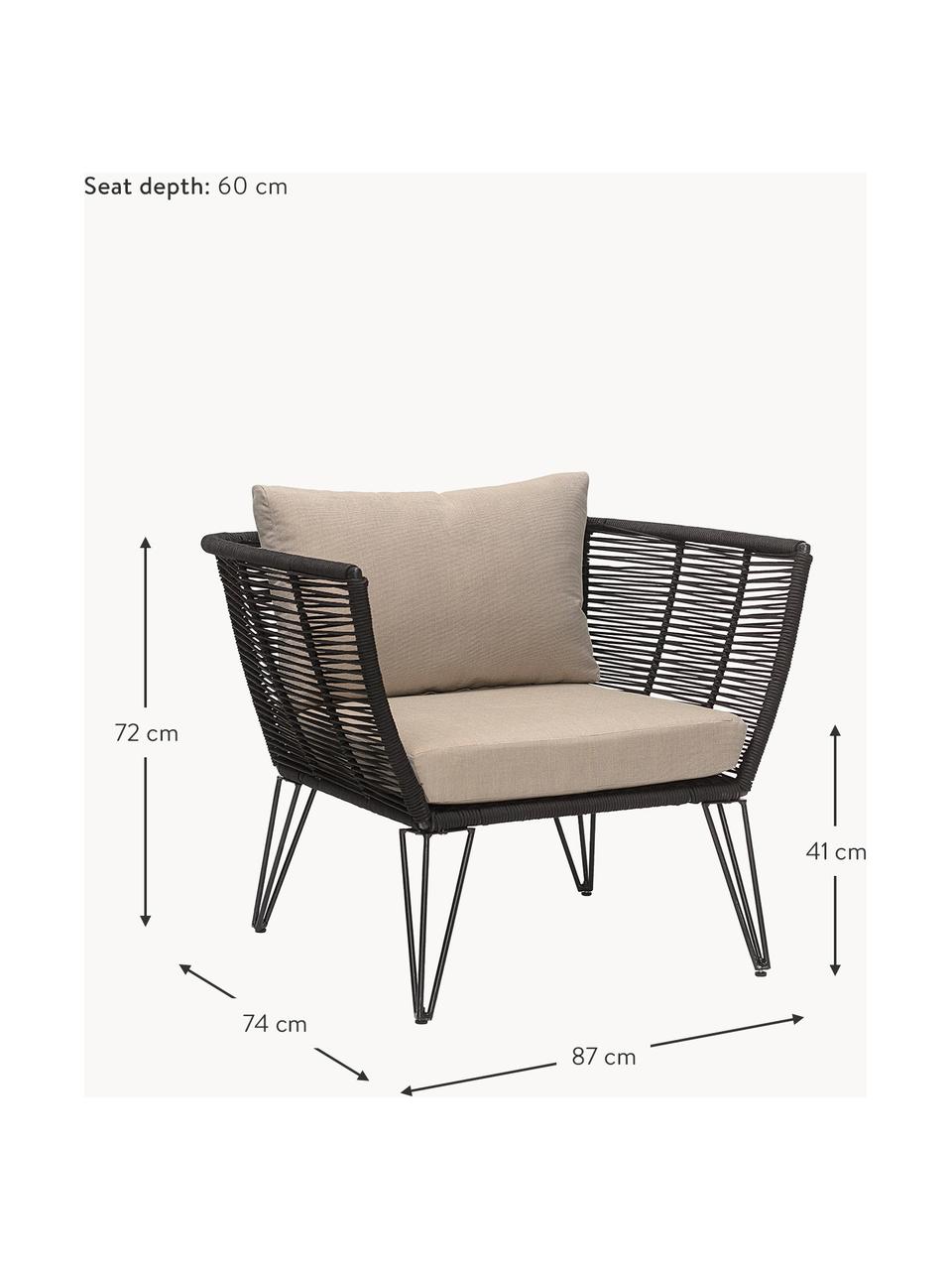 Fauteuil lounge de jardin plastique tressé Mundo, Tissu beige clair, socle noir, larg. 87 x prof. 74 cm