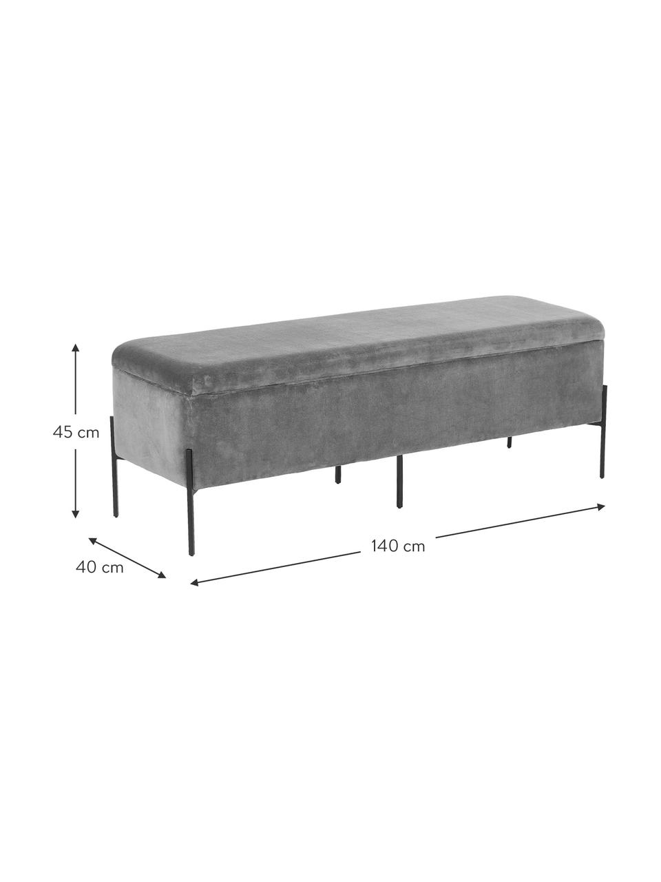 Sametová lavice s úložným prostorem Harper, Šedá, černá, Š 140 cm, V 45 cm