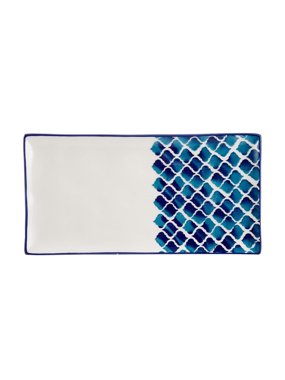Handgemachte Servierplatte Ikat, L 29 x B 15 cm, Keramik, Weiss, Blau, L 29 x B 15 cm