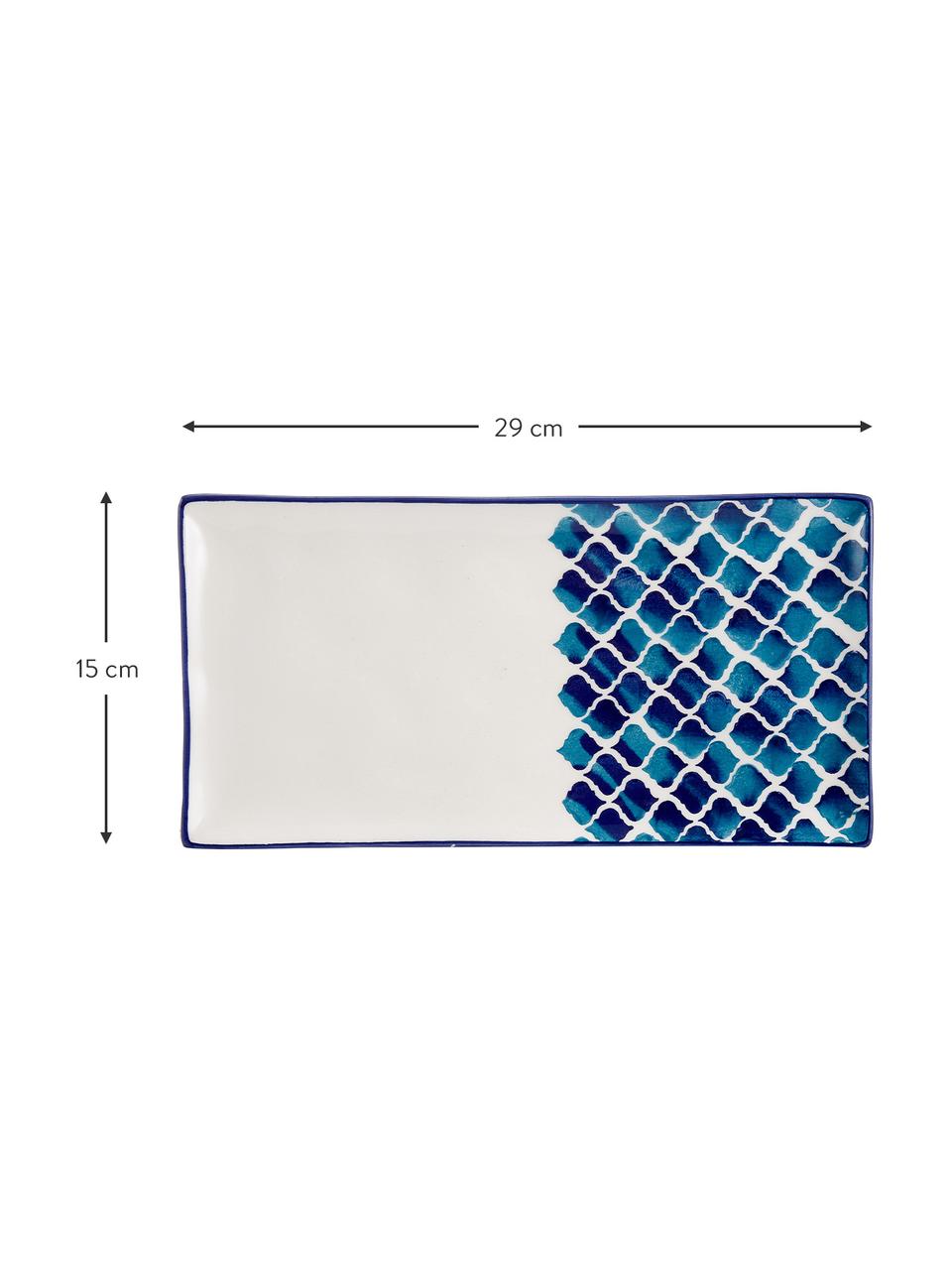 Handgemaakte serveerplateau Ikat, L 29 x B 15 cm, Keramiek, Wit, blauw, L 29 x B 15 cm