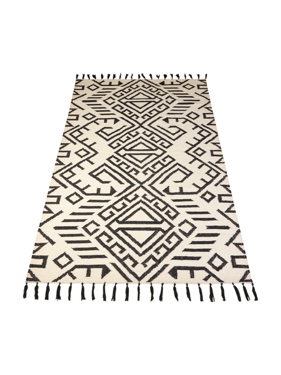 Wollen vloerkleed Jazmin met franjes en ethno patroon, 80% wol, 20% katoen, Beige, zwart, B 160 x L 220 cm (maat M)