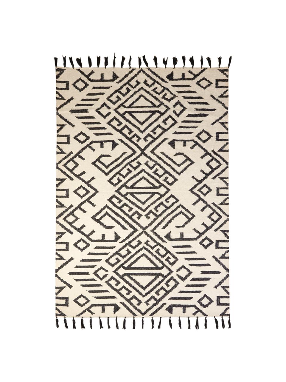 Alfombra de lana con flecos Jazmin, estilo étnico, 80% algodón, 20% poliéster, Beige, negro, An 160 x L 220 cm (Tamaño M)