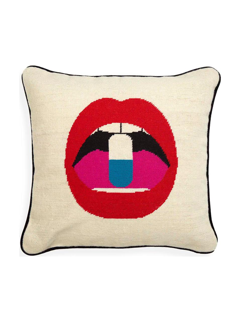 Coussin design brodé main Bobbly, Beige, rouge