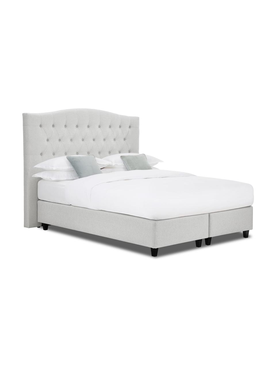 Premium Boxspringbett Royal in Weiß-Grau, Matratze: 5-Zonen-Taschenfederkern, Füße: Massives Birkenholz, lack, Webstoff Weiß-Grau, 160 x 200 cm, Härtegrad 3