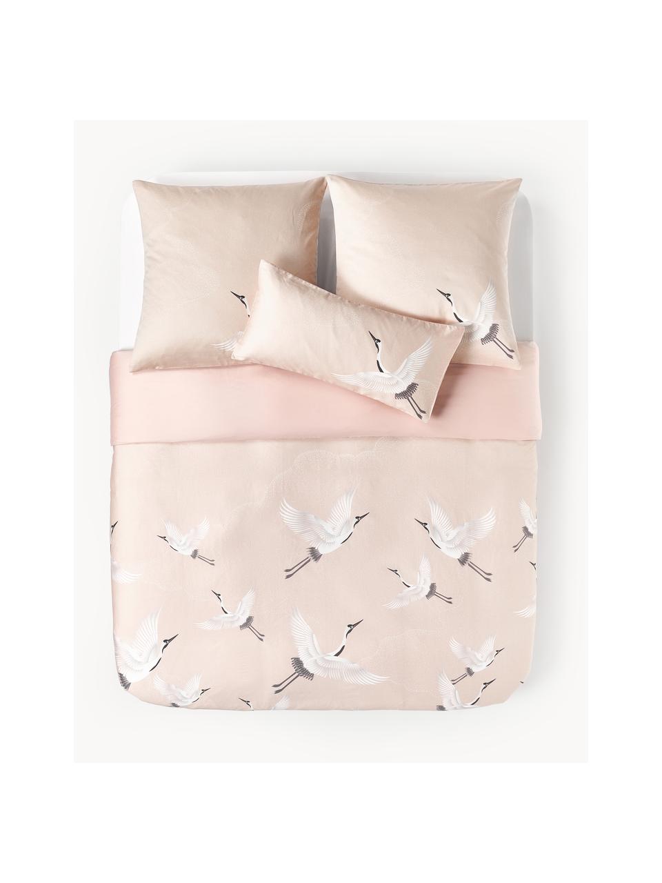 Baumwollsatin-Bettdeckenbezug Yuma mit Kranichmotiv, Webart: Satin Fadendichte 210 TC,, Rosa, B 200 x L 200 cm