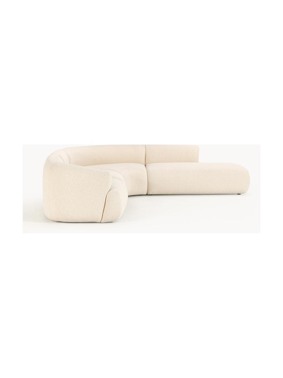 Divano angolare componibile 4 posti in bouclé Sofia, Rivestimento: bouclé (100% poliestere) , Struttura: legno di abete rosso, tru, Piedini: plastica Questo prodotto , Bouclé beige chiaro, Larg. 319 x Prof. 298 cm, chaise longue a destra