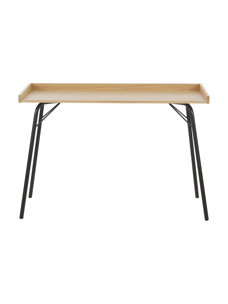 Schreibtisch Rayburn mit Eichenholzfurnier, Tischplatte: Mitteldichte Holzfaserpla, Gestell: Metall, pulverbeschichtet, Helles Holz, Schwarz, B 115 x T 52 cm