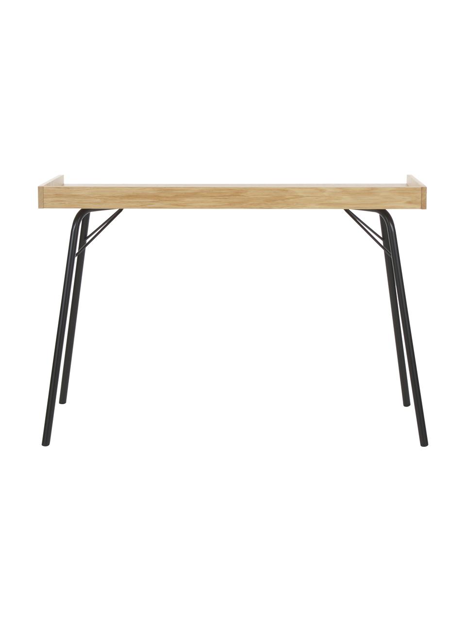Bureau Rayburn met eikenhoutfineer, Tafelblad: MDF, eikenhoutfineer, FSC, Frame: gepoedercoat metaal, Licht hout, zwart, B 115 x H 52 cm