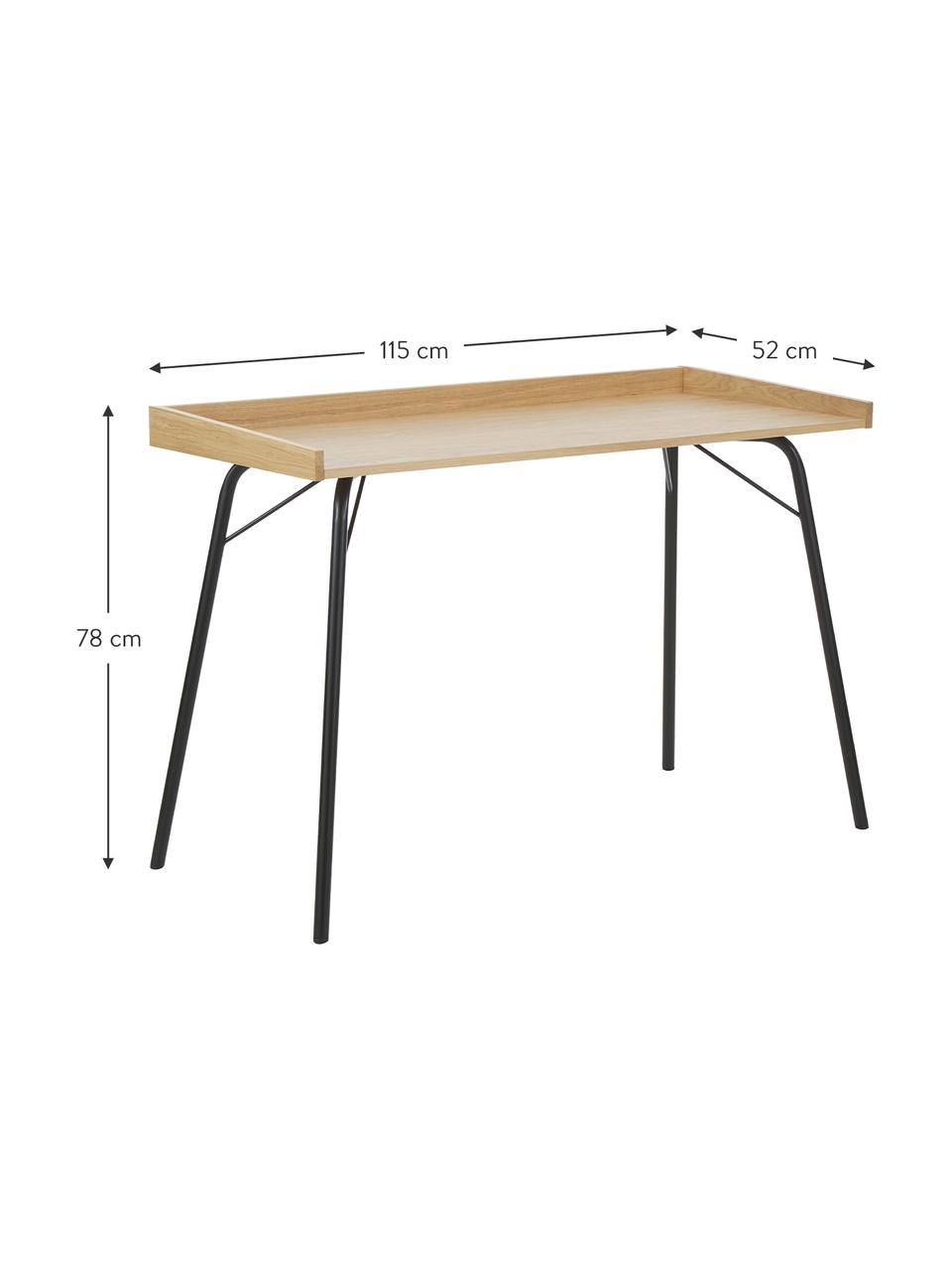 Psací stůl s dubovou dýhou Rayburn, Světlé dřevo, černá, Š 115 cm, H 52 cm
