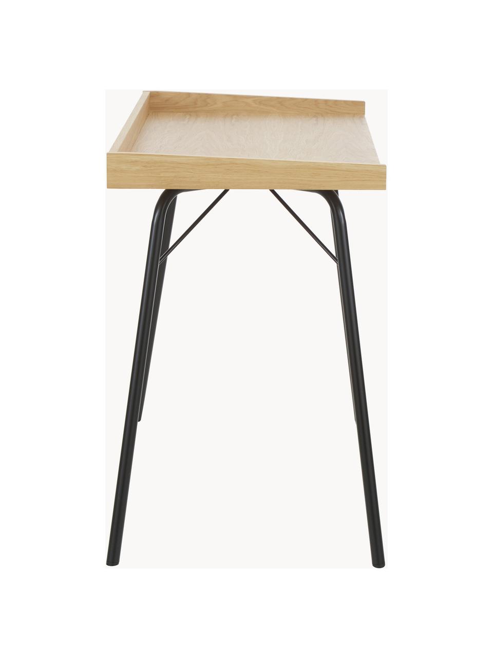 Pracovný stôl s dubovou dyhou Rayburn, Svetlé drevo, čierna, Š 115 x H 52 cm