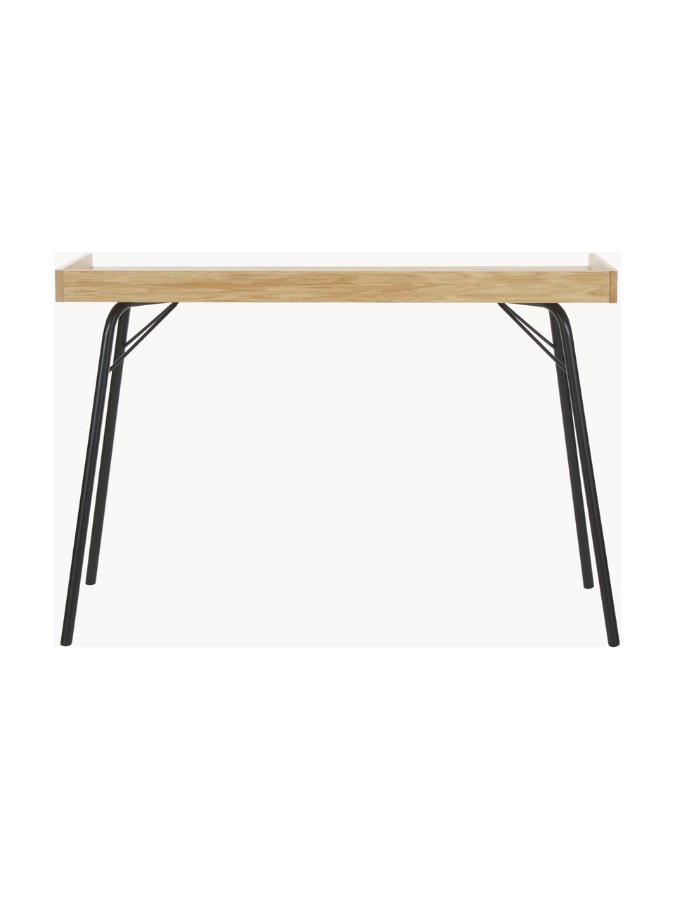 Bureau Rayburn met eikenhoutfineer, Tafelblad: MDF, eikenhoutfineer, Frame: gepoedercoat metaal Dit p, Hout, licht, zwart, B 115 x H 52 cm