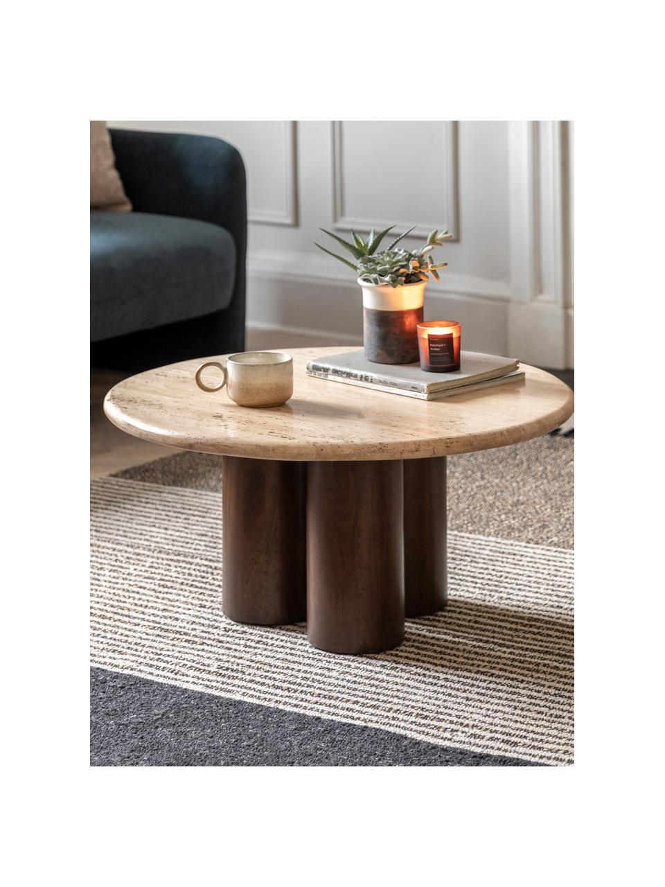 Runder Couchtisch Trevi mit Travertin-Tischplatte, Ø 75 cm, Tischplatte: Travertin, Gestell: Mangoholz, Mangoholz, Beige Travertin, Ø 75 cm