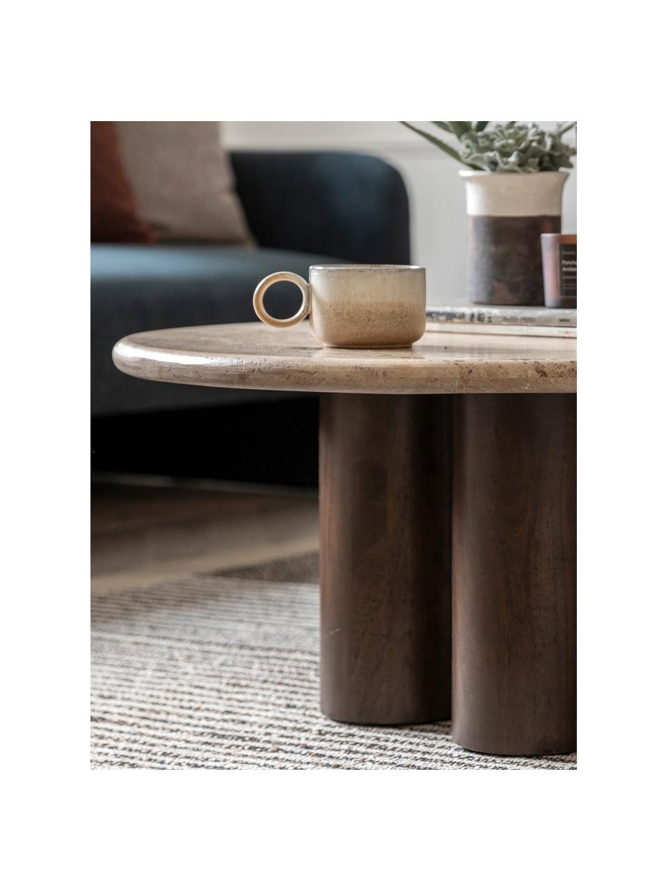 Runder Couchtisch Trevi mit Travertin-Tischplatte, Ø 75 cm, Tischplatte: Travertin, Gestell: Mangoholz, Mangoholz, Beige Travertin, Ø 75 cm