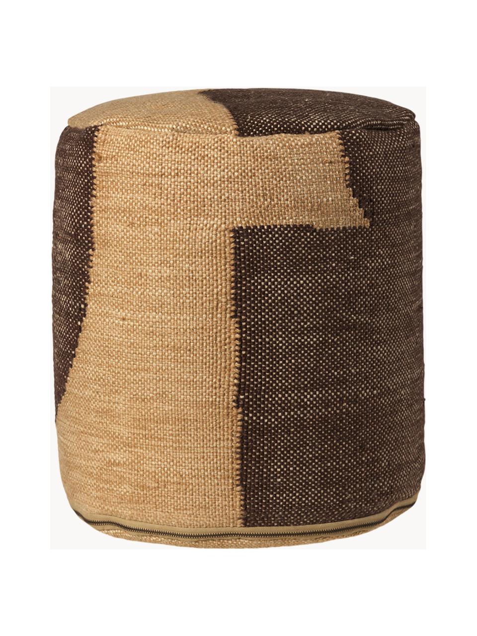 Pouf rembourré Forene, Tissu beige, brun foncé, Ø 38 x haut. 42 cm