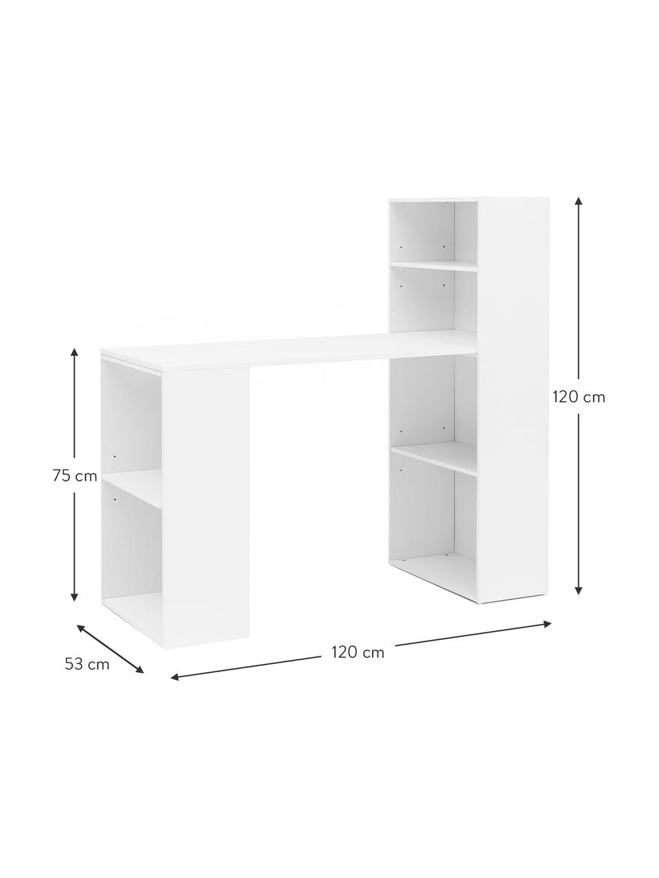 Scrivania bianca con scaffale Matt, Pannello di fibra a media densità (MDF) verniciato, Bianco opaco, Larg. 120 x Prof. 53 cm