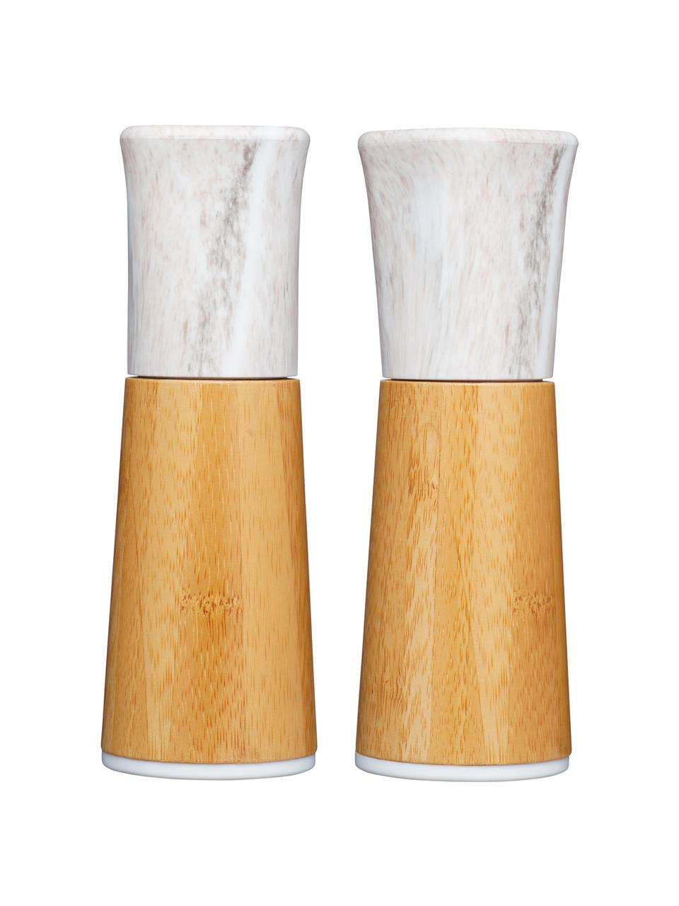Salero y pimentero de mármol Dyta, 2 pzas., Grinder: cerámica, Bambú, mármol blanco, Ø 6 x Al 18 cm