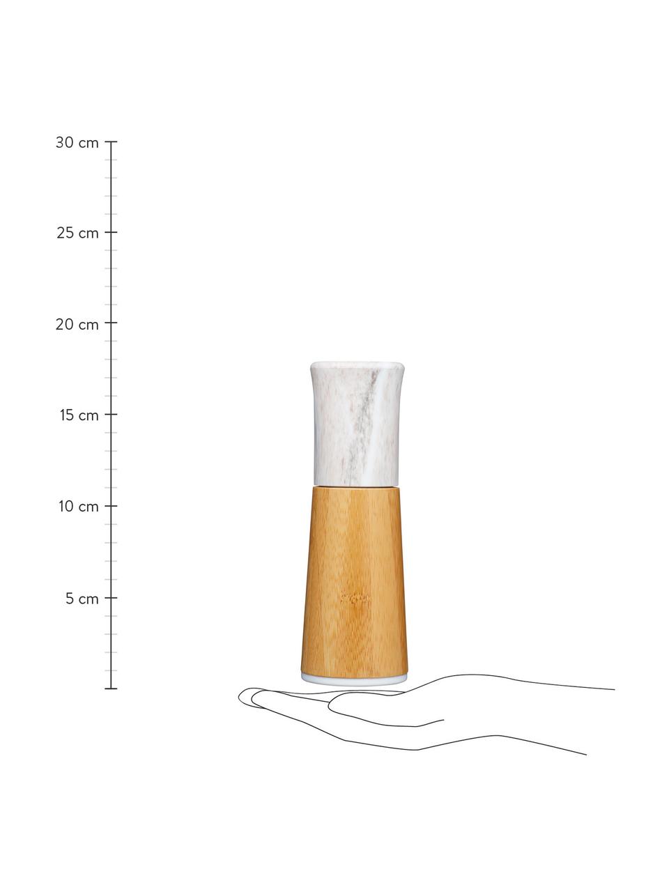 Marmeren zout- en peperstrooierset Dyta, 2-delig, Bamboe, marmer, keramiek, Bamboekleurig, wit, gemarmerd, Ø 6 x H 18 cm