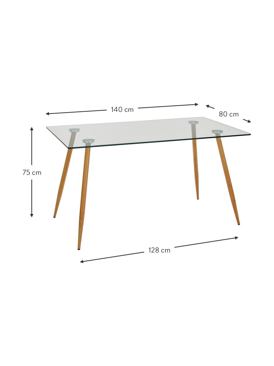 Mesa de comedor Wilma, tablero de cristal, Tablero: vidrio laminado, Patas: metal barnizado en roble, Tansparante, An 140 x F 80 cm