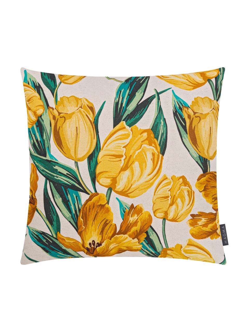 Dwustronna poszewka na poduszkę Tulipa, 85% bawełna, 15% len, Beżowy, żółty, zielony, S 50 x D 50 cm