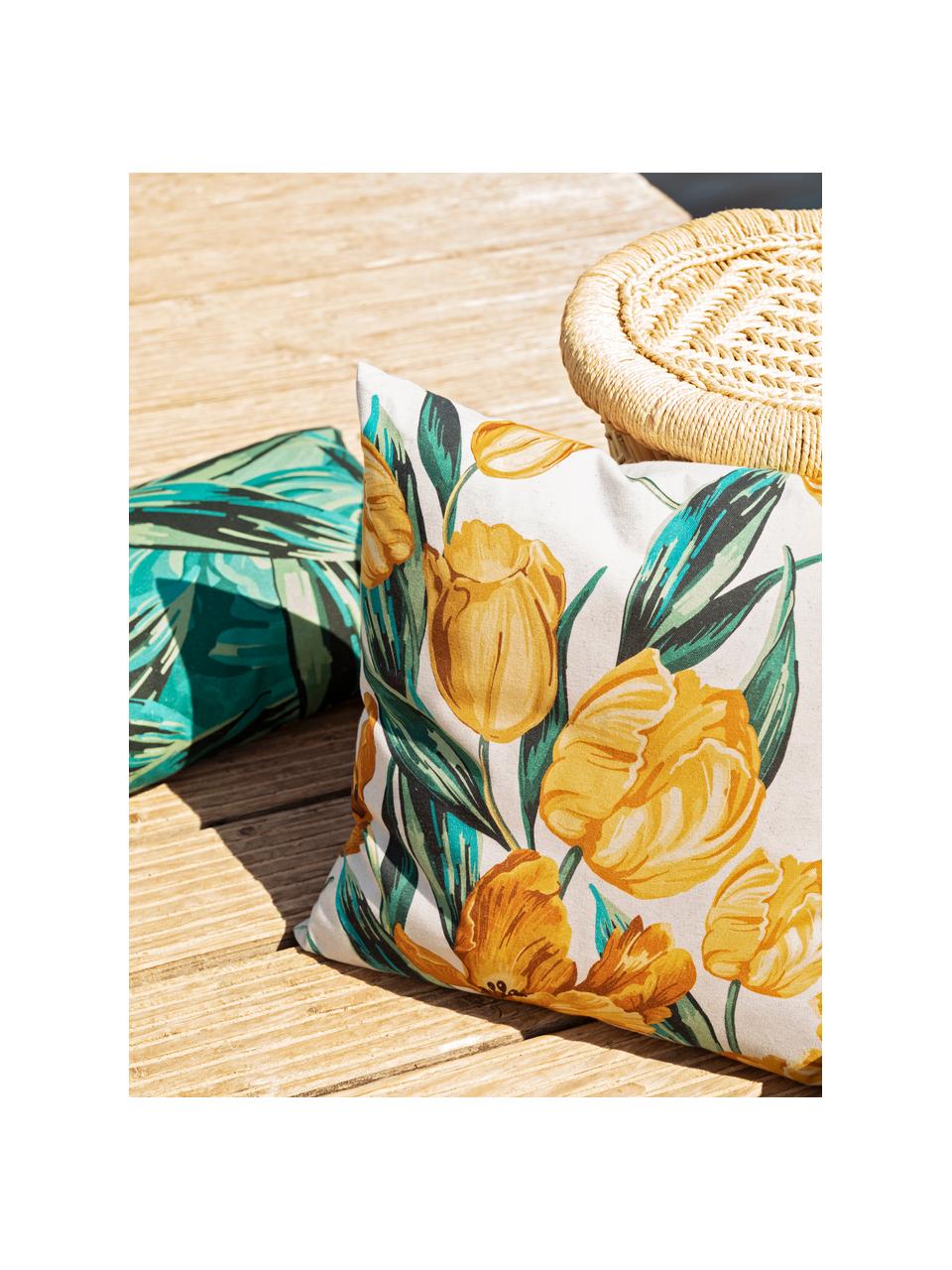 Dubbelzijdige kussenhoes Tulipa met tulpenprint, 85% katoen, 15% linnen, Beige, geel, groen, 50 x 50 cm