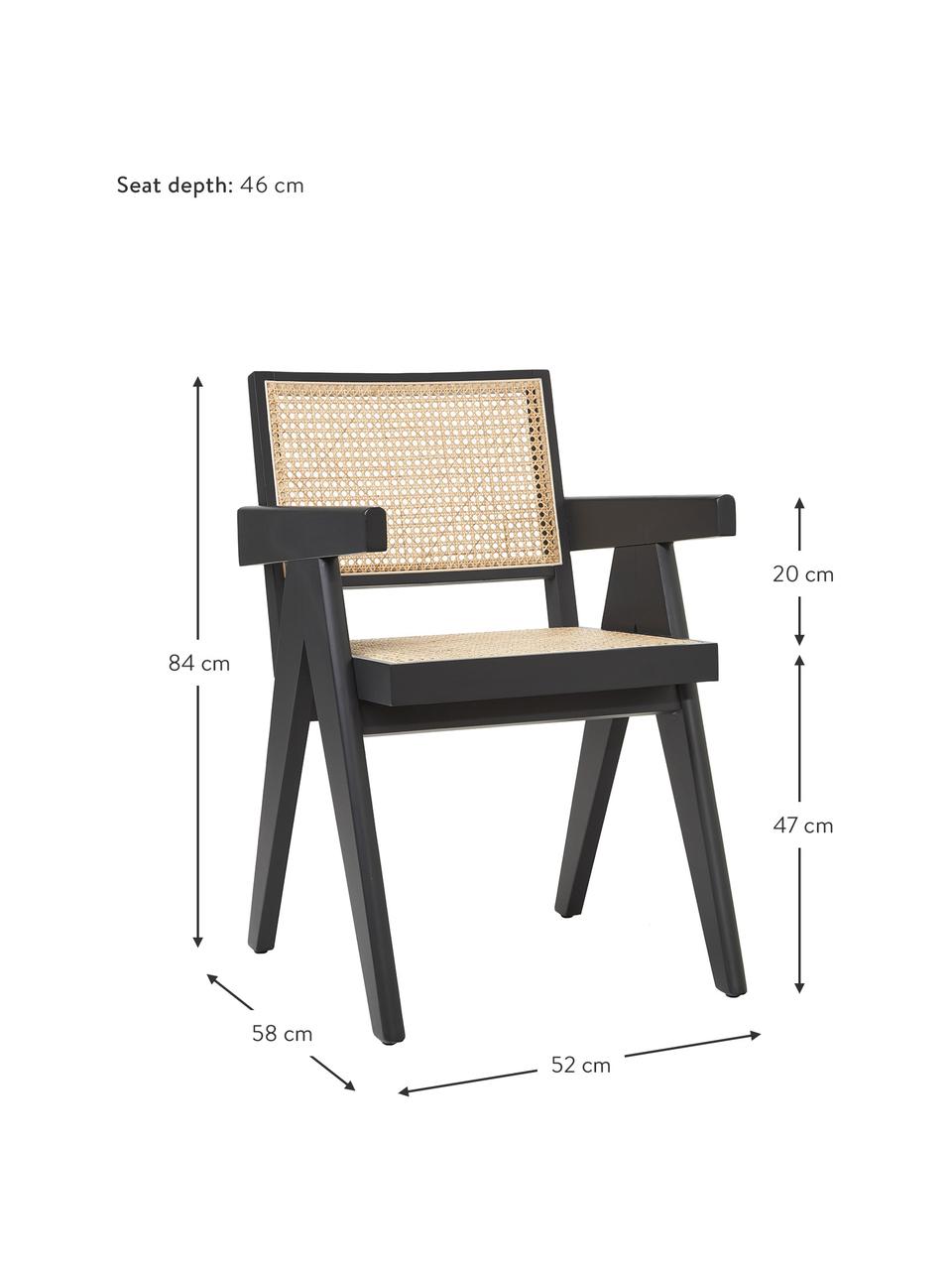 Krzesło z podłokietnikami z plecionką wiedeńską Sissi, Stelaż: lite drewno bukowe lakier, Czarny, S 52 x G 58 cm