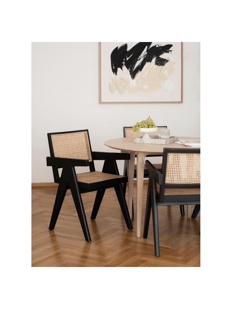 Sedia con braccioli e intreccio viennese Sissi, Struttura: legno di quercia massicci, Seduta: rattan, Legno di faggio, nero verniciato, Larg. 52 x Prof. 58 cm