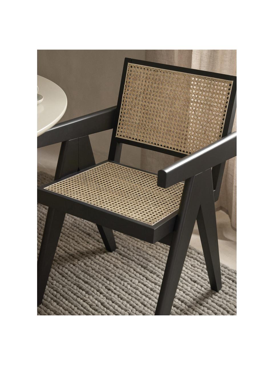 Krzesło z podłokietnikami z plecionką wiedeńską Sissi, Stelaż: lite drewno bukowe lakier, Czarny, jasny beżowy, S 52 x G 58 cm