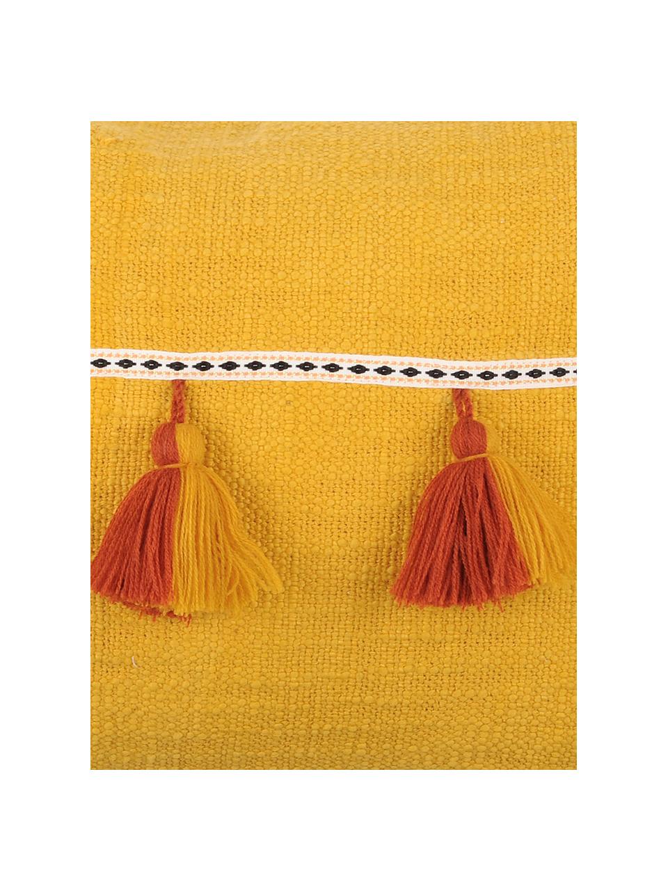 Cuscino giallo con imbottitura e nappe Majorque, 100% cotone, Giallo, rosso, Larg. 35 x Lung. 55 cm