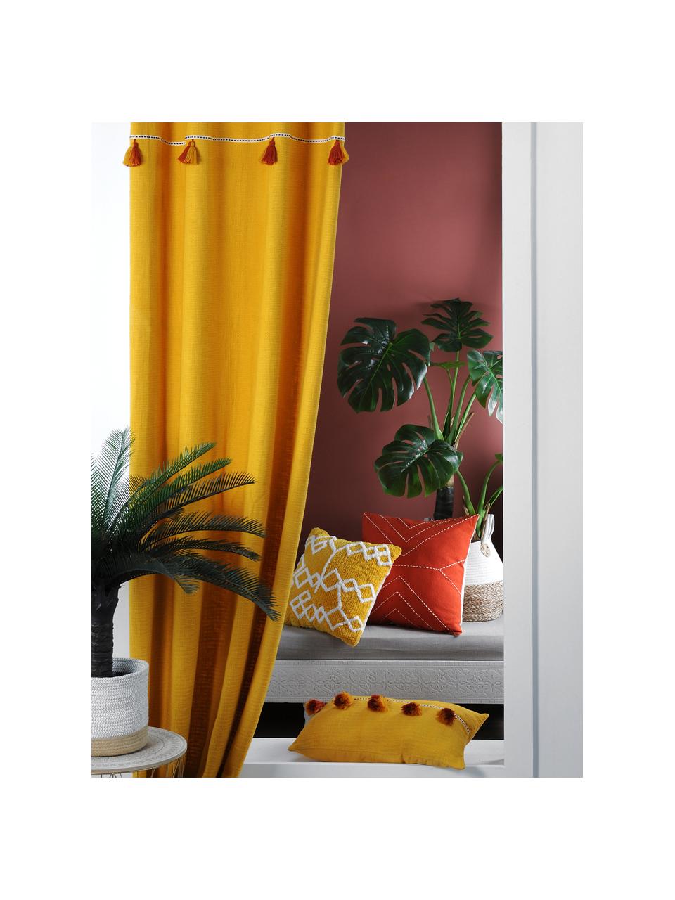 Cuscino giallo con imbottitura e nappe Majorque, 100% cotone, Giallo, rosso, Larg. 35 x Lung. 55 cm