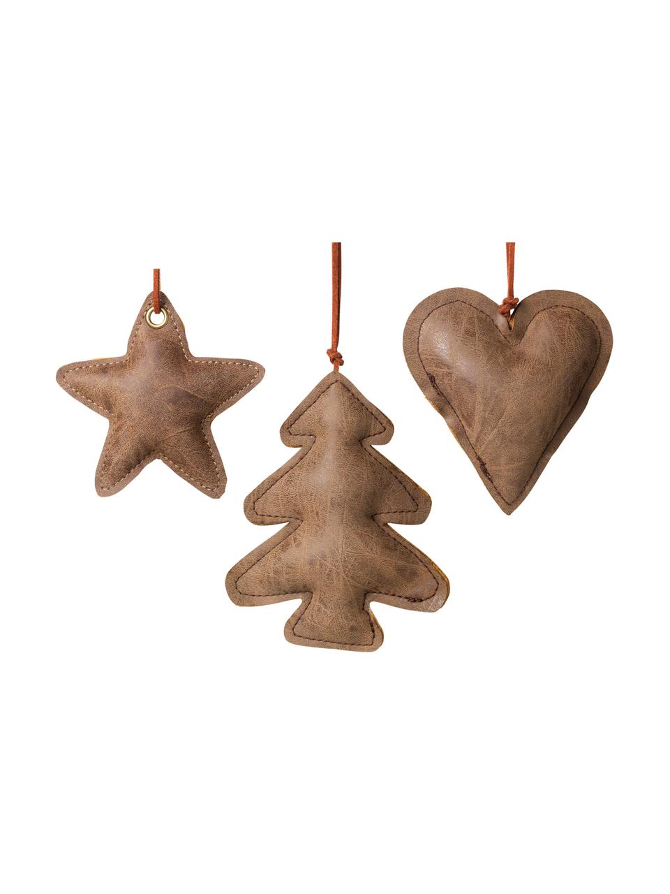 Set de adornos navideños de cuero Fade, 3 pzas., Exterior: cuero, Marrón, An 10 x Al 12 cm