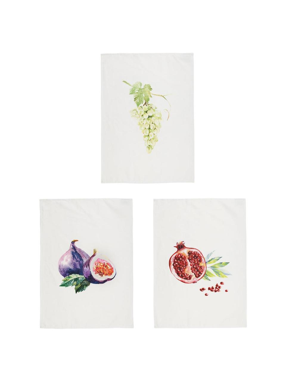 Komplet ręczników kuchennych Fruits, 3 elem., Bawełna, Biały, wielobarwny, S 50 x D 70 cm