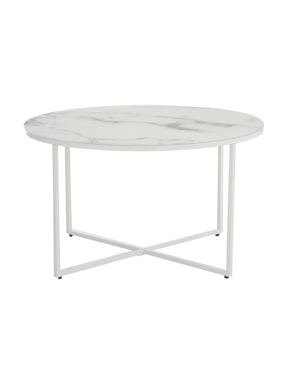 Konferenční stolek s mramorovanou skleněnou deskou Antigua, Bílošedá mramorovaná, bílá, Ø 80 cm, V 45 cm