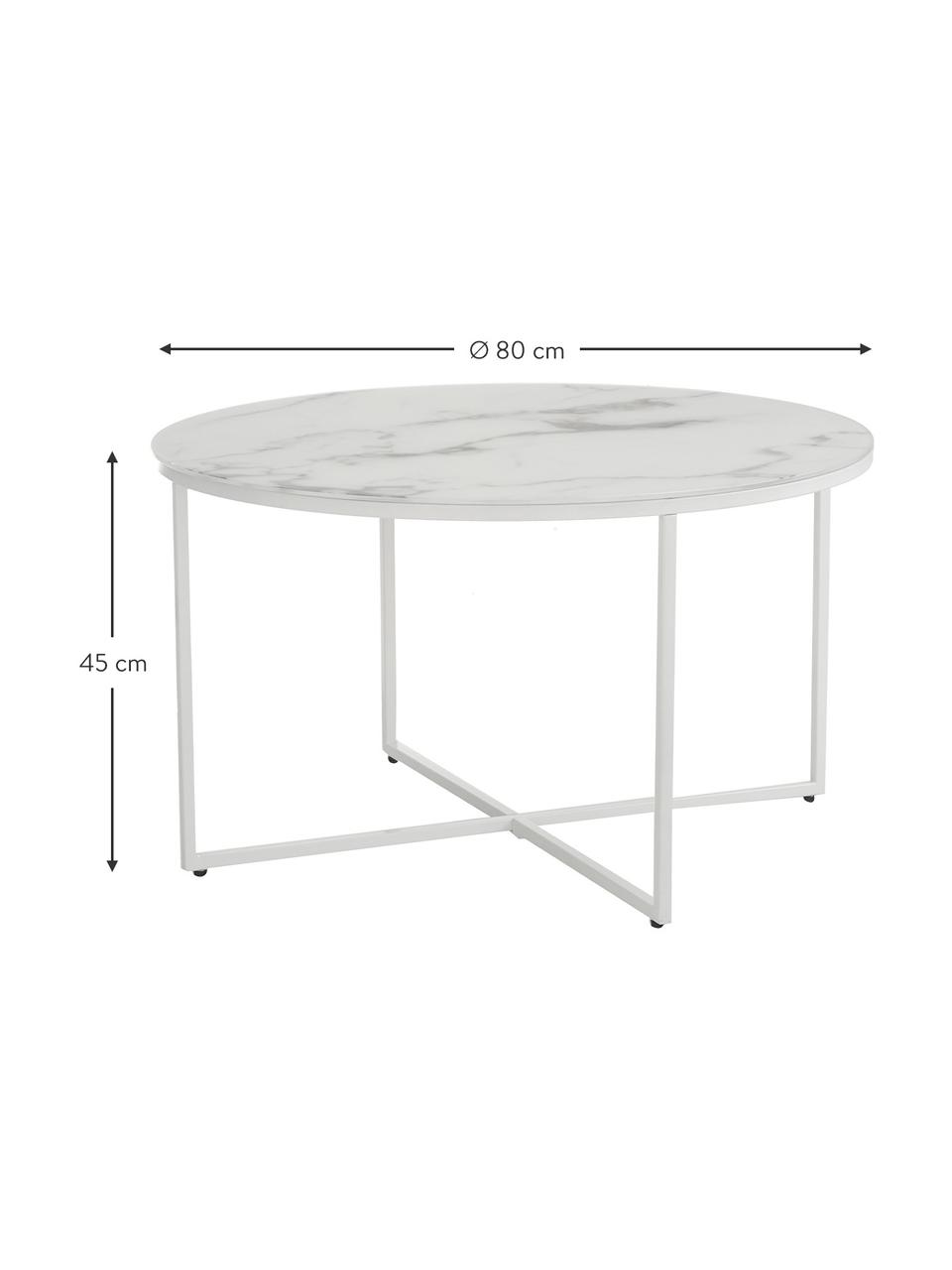 Runder Couchtisch Antigua mit Glasplatte in Marmoroptik, Tischplatte: Glas, matt bedruckt, Gestell: Stahl, pulverbeschichtet, Weiß, marmoriert, Weiß, Ø 80 x H 45 cm