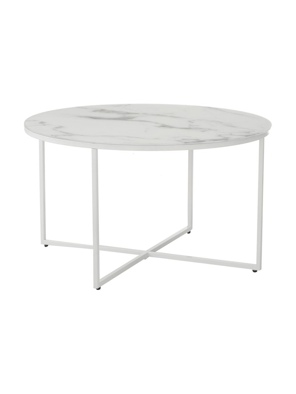 Runder Couchtisch Antigua mit Glasplatte in Marmoroptik, Tischplatte: Glas, matt bedruckt, Gestell: Stahl, pulverbeschichtet, Weiss, marmoriert, Weiss, Ø 80 x H 45 cm