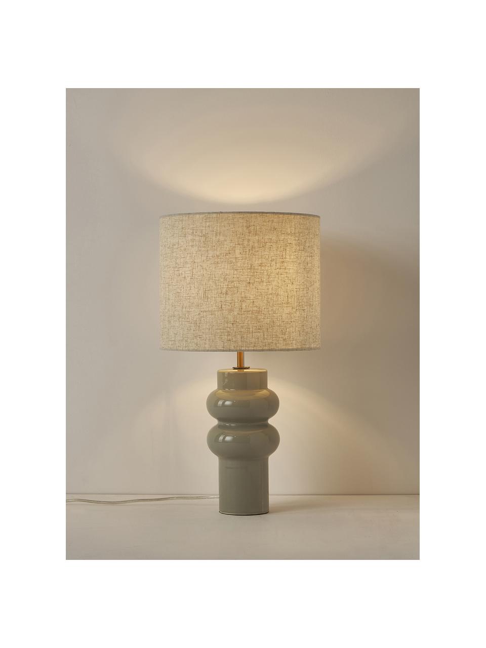 Grote keramische tafellamp Christine, Lampenkap: textiel, Lampvoet: keramiek, Decoratie: vermessingd metaal, Lichtbeige, olijfgroen, Ø 28 x H 53 cm