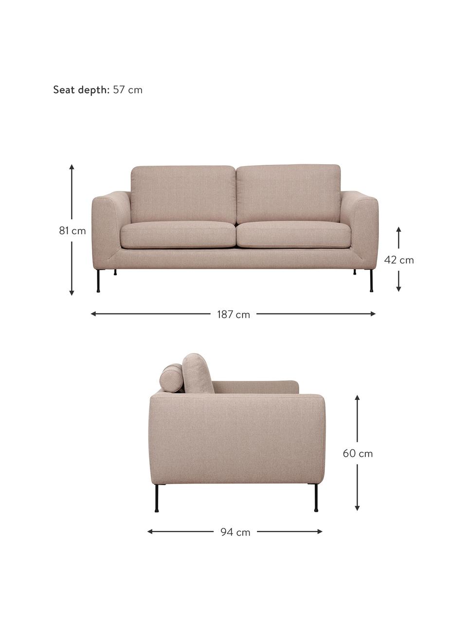 Sofa Cucita (2-Sitzer) in Taupe mit Metall-Füßen, Bezug: Webstoff (Polyester) Der , Gestell: Massives Kiefernholz, Füße: Metall, lackiert, Webstoff Taupe, B 187 x T 94 cm