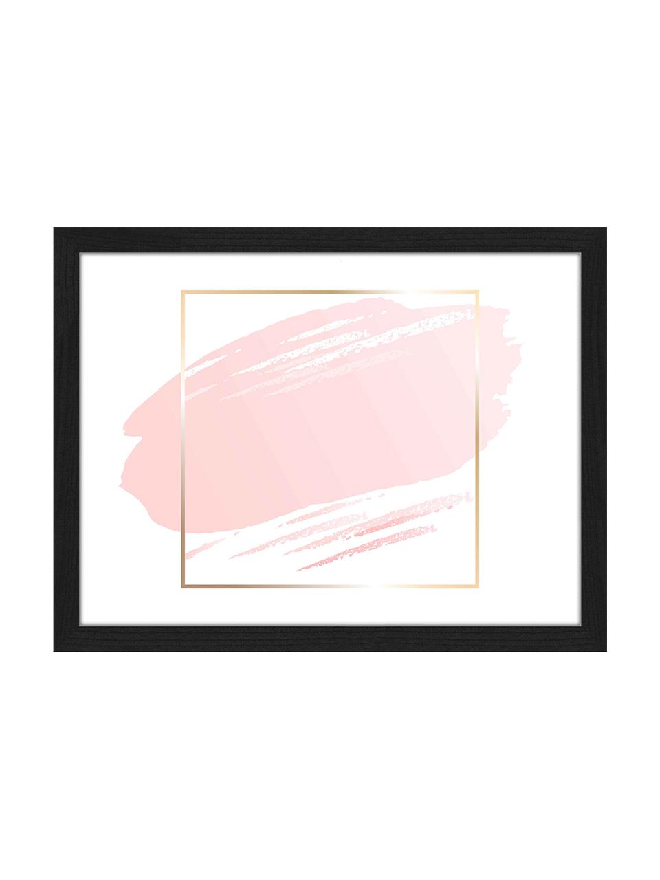 Ingelijste digitale print Pink Brush, Afbeelding: digitale print op papier,, Lijst: gelakt beukenhout, Wit, roze, goudkleurig, 33 x 43 cm