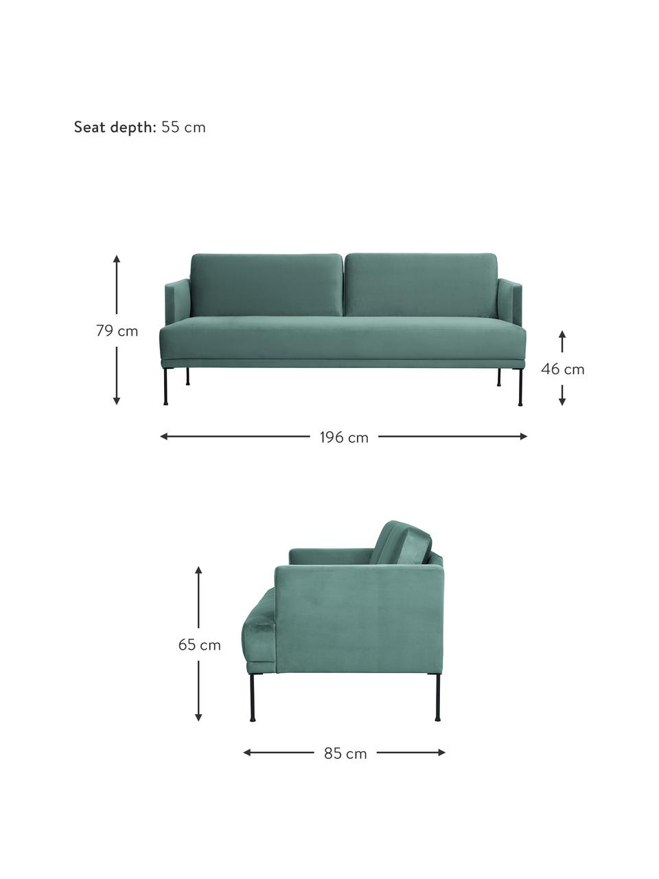 Divano 3 posti in velluto con piedini in metallo Fluente, Rivestimento: velluto (copertura in pol, Struttura: legno di pino massiccio, , Piedini: metallo verniciato a polv, Velluto verde chiaro, Larg. 196 x Prof. 85 cm