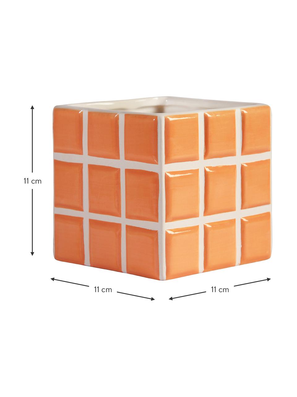 Kleiner Übertopf Tile aus Dolomitstein mit Fliesenoptik, Dolomitstein, Orange, Weiß, B 11 x H 11 cm