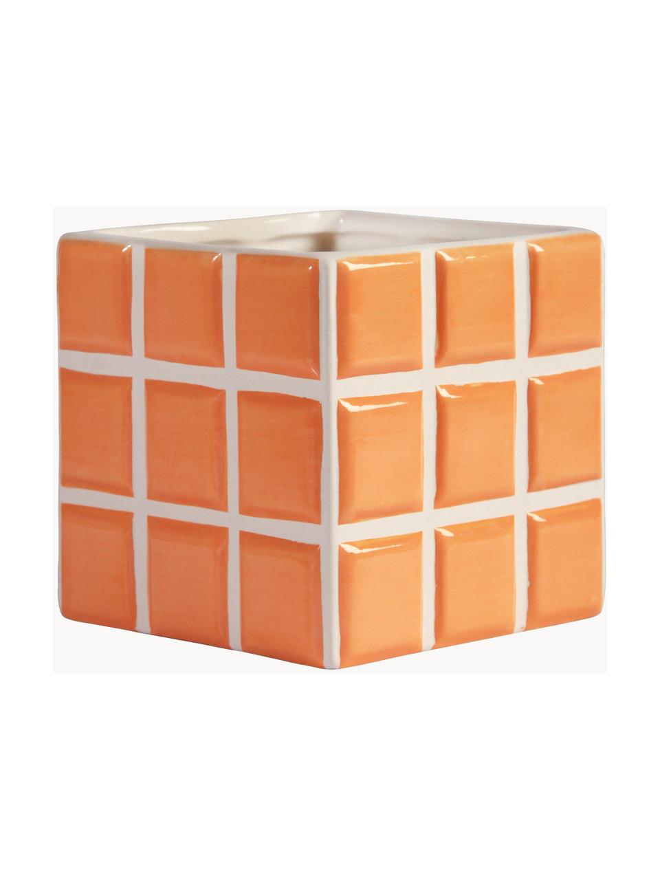 Kleiner Übertopf Tile aus Dolomitstein mit Fliesenoptik, Dolomitstein, Orange, Off White, B 11 x H 11 cm