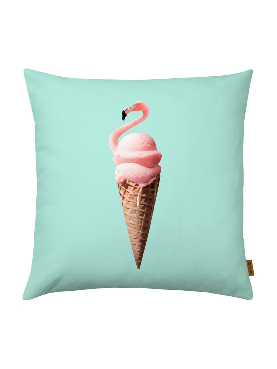 Zomerse kussenhoes Flamingo in turquoise, Polyester, Turquoise, roze, beige, zwart, 40 x 40 cm