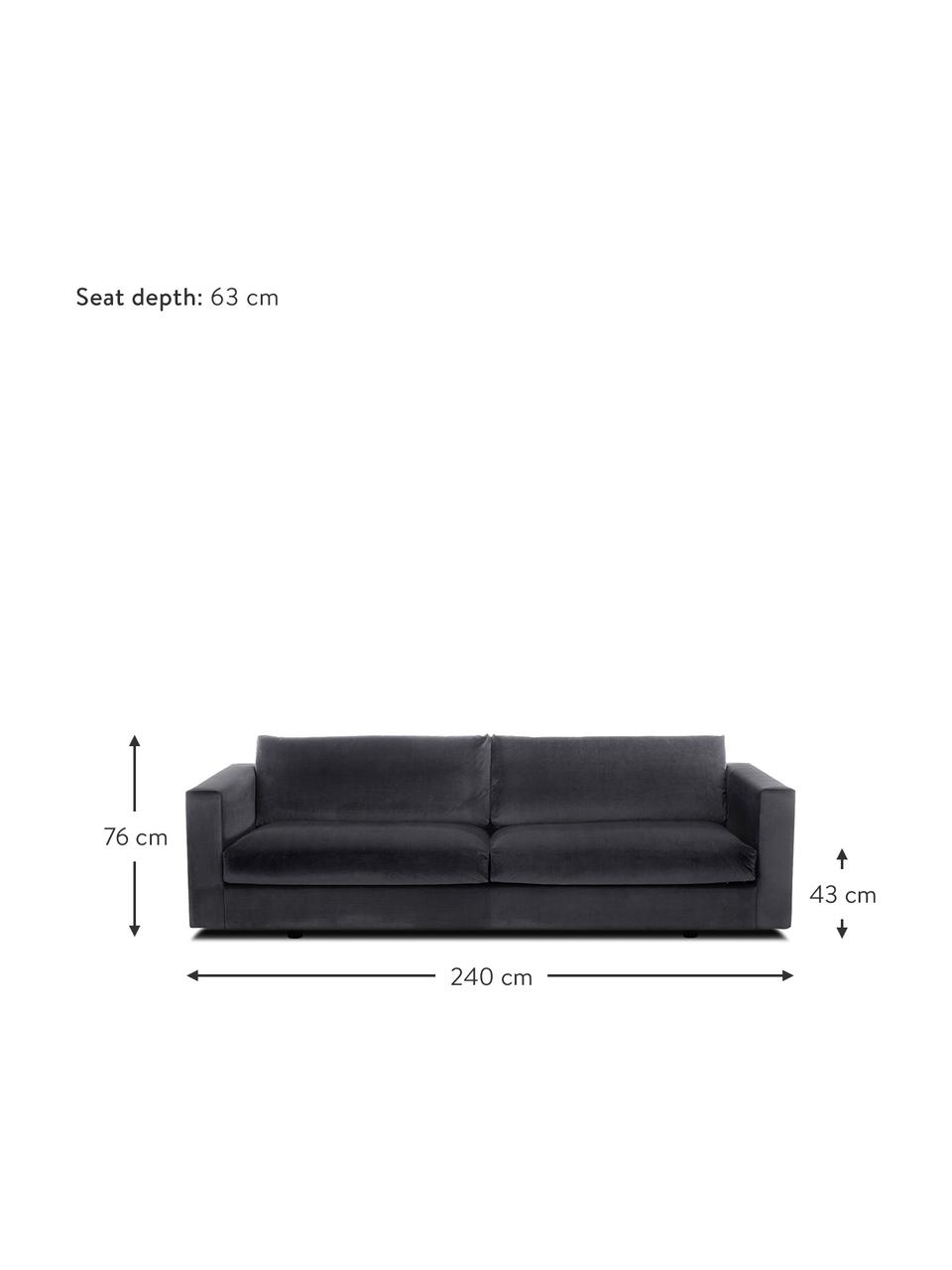 Samt-Sofa Balmira (3-Sitzer) in Dunkelgrau, Bezug: Samt (Polyester) 100.000 , Gestell: Massives Kiefernholz, Füße: Massives Birkenholz, lack, Samt Dunkelgrau, B 240 x T 96 cm