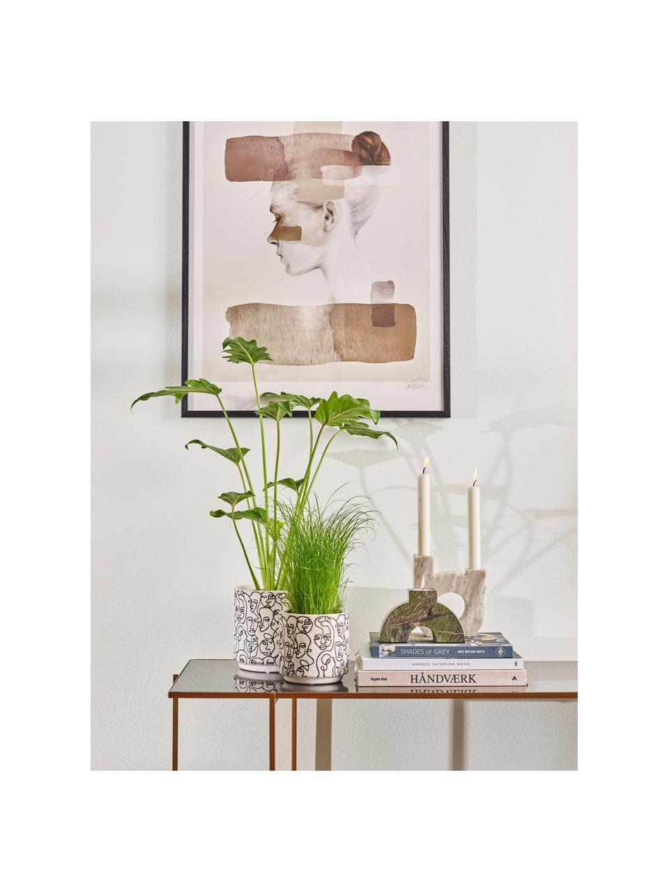 Kleine plantenpot Face Artwork, Keramiek, Wit, zwart, Ø 12 x H 12 cm